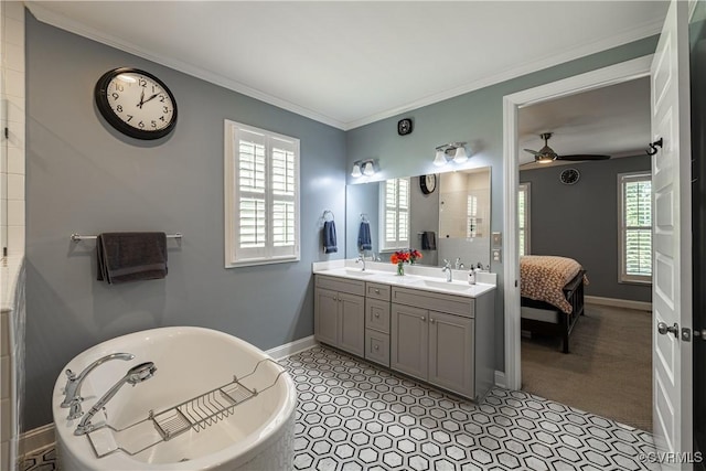 2449 Gold Leaf Cir, Henrico, VA 23233 - ensuite bathroom with double vanity, a freestanding bath, ornamental molding, and ceiling fan