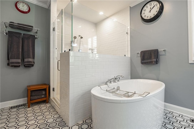 2449 Gold Leaf Cir, Henrico, VA 23233 - full bathroom featuring a freestanding bath, a stall shower, and crown molding