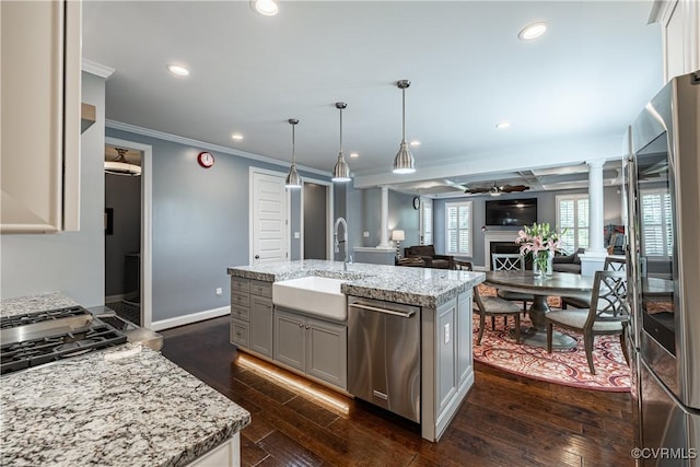 2449 Gold Leaf Cir, Henrico, VA 23233 - kitchen with appliances with stainless steel finishes, crown molding, gray cabinetry, dark wood finished floors, and decorative columns