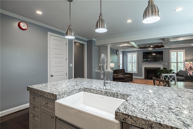 2449 Gold Leaf Cir, Henrico, VA 23233 - kitchen featuring a fireplace, dark wood finished floors, ceiling fan, crown molding, and pendant lighting
