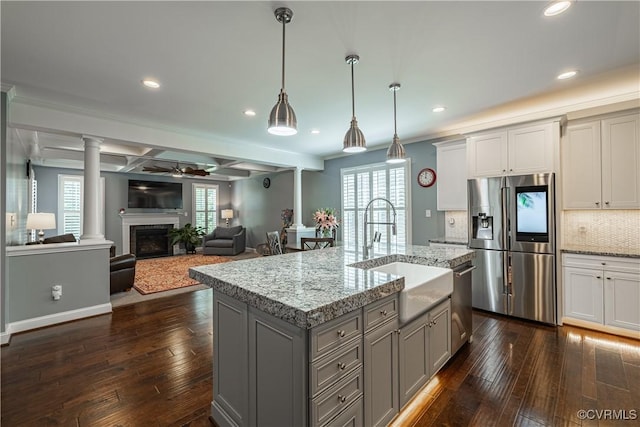 2449 Gold Leaf Cir, Henrico, VA 23233 - kitchen featuring appliances with stainless steel finishes, gray cabinets, recessed lighting, dark wood finished floors, and a ceiling fan