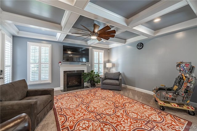 2449 Gold Leaf Cir, Henrico, VA 23233 - living room with ceiling fan, carpet flooring, a premium fireplace, beam ceiling, and coffered ceiling