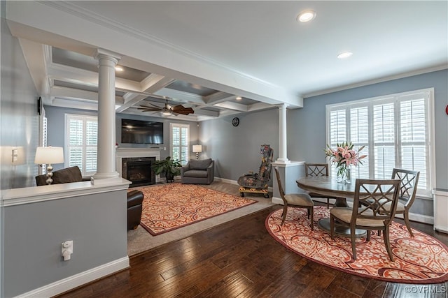 2449 Gold Leaf Cir, Henrico, VA 23233 - living area featuring ornate columns, a ceiling fan, hardwood / wood-style flooring, recessed lighting, and beamed ceiling