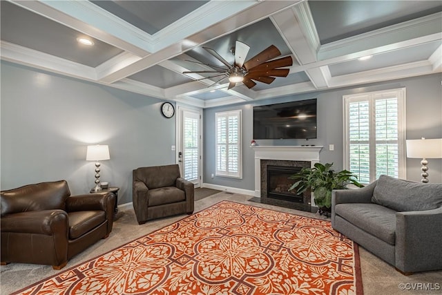 2449 Gold Leaf Cir, Henrico, VA 23233 - living room featuring carpet flooring, ceiling fan, coffered ceiling, a premium fireplace, and beam ceiling