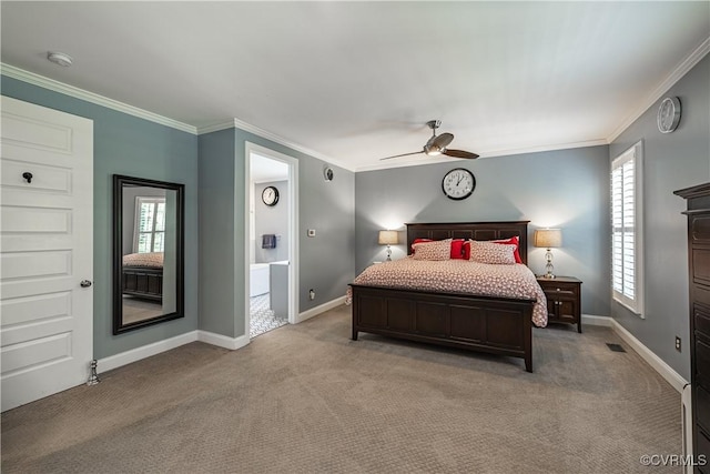 2449 Gold Leaf Cir, Henrico, VA 23233 - bedroom with carpet, crown molding, a ceiling fan, and ensuite bathroom