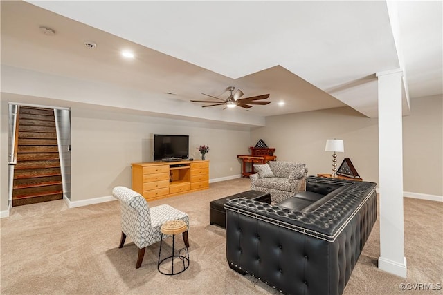 2449 Gold Leaf Cir, Henrico, VA 23233 - living room with light carpet, recessed lighting, stairway, and a ceiling fan