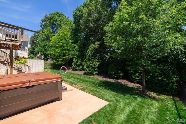 2449 Gold Leaf Cir, Henrico, VA 23233 - view of green lawn featuring a hot tub, a patio area, and stairway