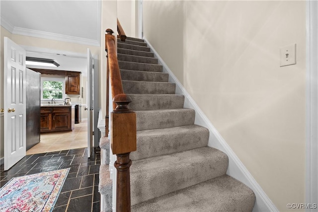 14230 Netherfield Dr, Midlothian, VA 23113 - staircase with crown molding and stone finish floors