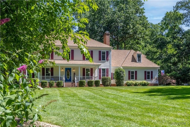 14230 Netherfield Dr, Midlothian, VA 23113 - colonial house with a porch, a front lawn, roof with shingles, and a chimney
