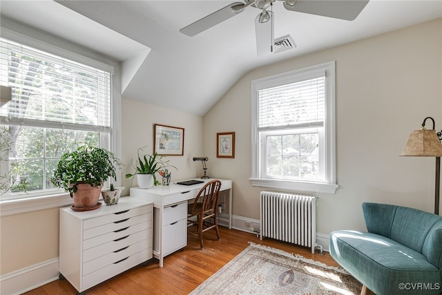 5005 Caledonia Rd, Richmond, VA 23225 - office area featuring radiator, plenty of natural light, a ceiling fan, and lofted ceiling