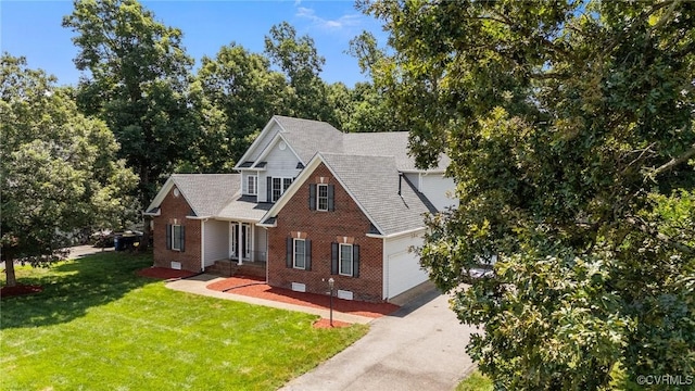 301 Enon Oaks Ln, Chesterfield, VA 23836 - view of front of house with brick siding, a front yard, an attached garage, driveway, and roof with shingles