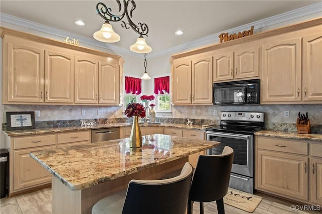 301 Enon Oaks Ln, Chesterfield, VA 23836 - kitchen featuring appliances with stainless steel finishes, light brown cabinetry, light stone counters, a kitchen island, and a kitchen breakfast bar