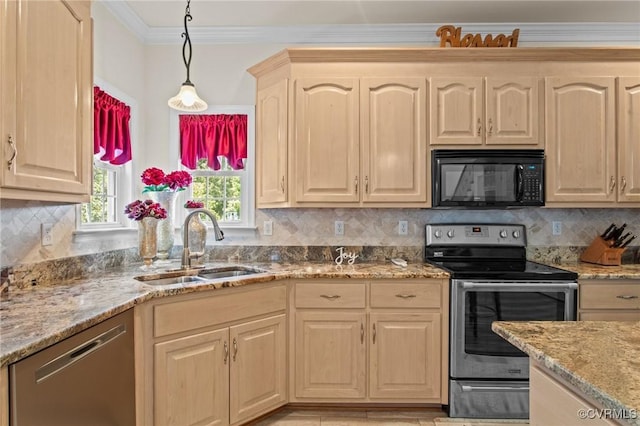 301 Enon Oaks Ln, Chesterfield, VA 23836 - kitchen featuring appliances with stainless steel finishes, light brown cabinetry, light stone countertops, ornamental molding, and pendant lighting