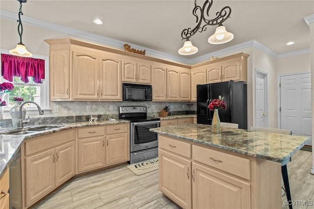 301 Enon Oaks Ln, Chesterfield, VA 23836 - kitchen with black appliances, light brown cabinetry, stone countertops, ornamental molding, and recessed lighting