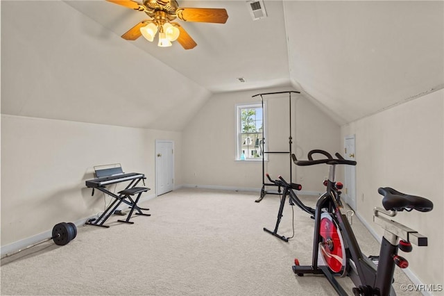 301 Enon Oaks Ln, Chesterfield, VA 23836 - workout area featuring vaulted ceiling, ceiling fan, and light colored carpet