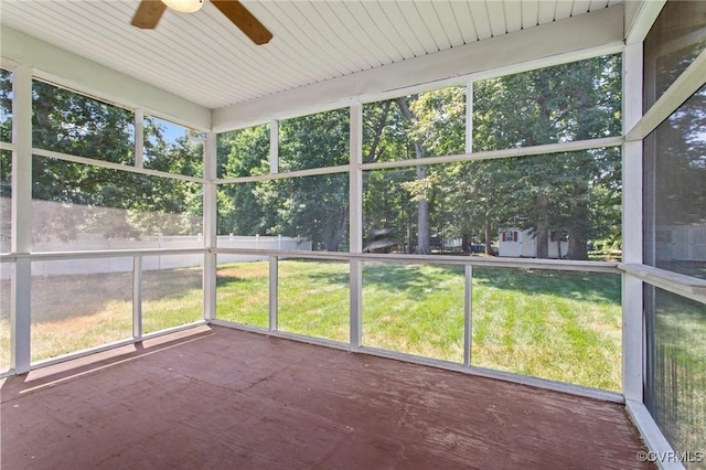 301 Enon Oaks Ln, Chesterfield, VA 23836 - unfurnished sunroom featuring a ceiling fan and view of wooded area