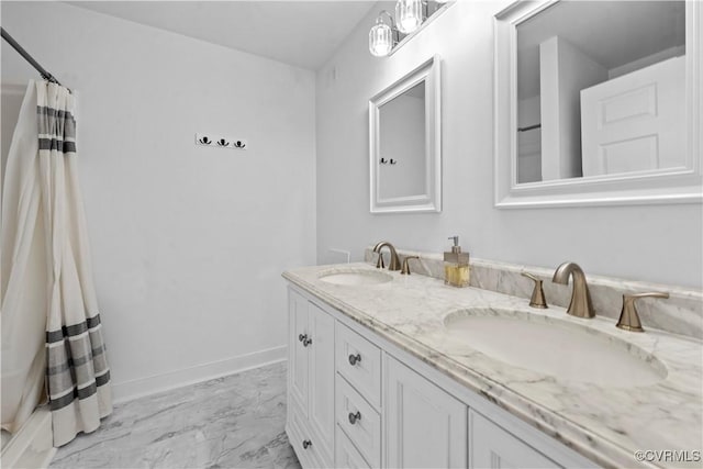 503 S Holly Ave, Henrico, VA 23075 - full bath with marble look tiles, double vanity, and a shower with shower curtain