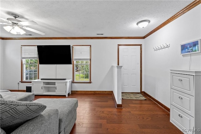 503 S Holly Ave, Henrico, VA 23075 - living area with dark wood finished floors, crown molding, a textured ceiling, and a ceiling fan