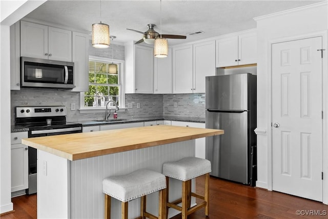 503 S Holly Ave, Henrico, VA 23075 - kitchen with appliances with stainless steel finishes, butcher block countertops, and dark wood-style flooring
