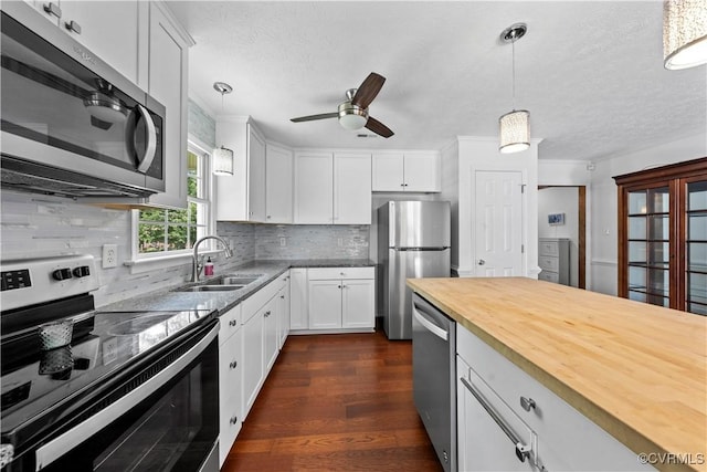 503 S Holly Ave, Henrico, VA 23075 - kitchen featuring stainless steel appliances, butcher block countertops, ceiling fan, dark wood finished floors, and hanging light fixtures