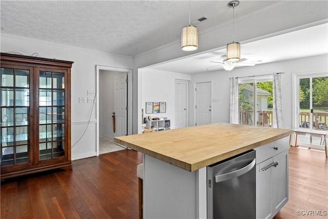 503 S Holly Ave, Henrico, VA 23075 - kitchen with butcher block countertops, dark wood-type flooring, decorative light fixtures, a textured ceiling, and a ceiling fan