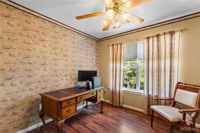 135 Hobbs Hole Ln, Tappahannock, VA 22560 - office space with wood finished floors, crown molding, a ceiling fan, and a textured ceiling