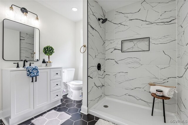 5318 Pine Hill Rd, Sutherland, VA 23885 - full bath with vanity, a marble finish shower, recessed lighting, and tile patterned floors