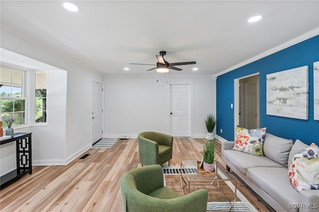 5318 Pine Hill Rd, Sutherland, VA 23885 - living room with light wood-style flooring, a ceiling fan, recessed lighting, and ornamental molding