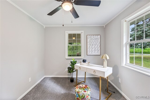 5318 Pine Hill Rd, Sutherland, VA 23885 - office area featuring crown molding, carpet, and ceiling fan
