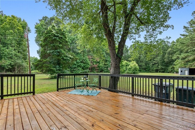 5318 Pine Hill Rd, Sutherland, VA 23885 - wooden terrace with a yard and view of wooded area