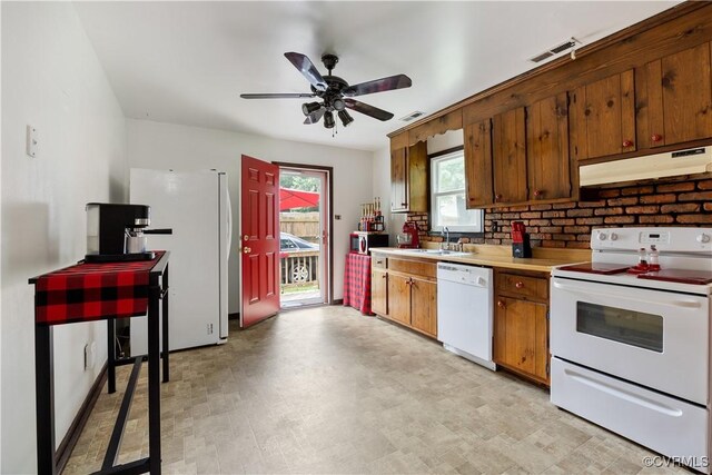 5743 Sara Kay Dr, Chesterfield, VA 23237 - kitchen featuring white appliances, under cabinet range hood, light countertops, light floors, and a ceiling fan