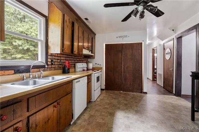 5743 Sara Kay Dr, Chesterfield, VA 23237 - kitchen featuring white appliances, light countertops, a ceiling fan, under cabinet range hood, and tasteful backsplash
