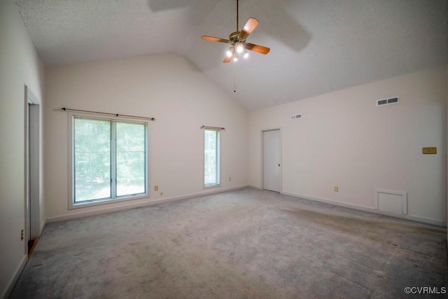 12931 River Hills Dr, Richmond, VA 23111 - spare room featuring a ceiling fan, light carpet, and high vaulted ceiling