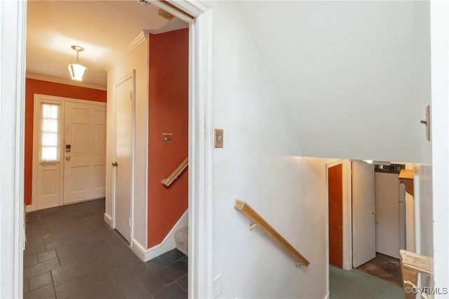 9201 Claymont Dr, Henrico, VA 23229 - corridor with ornamental molding and an upstairs landing