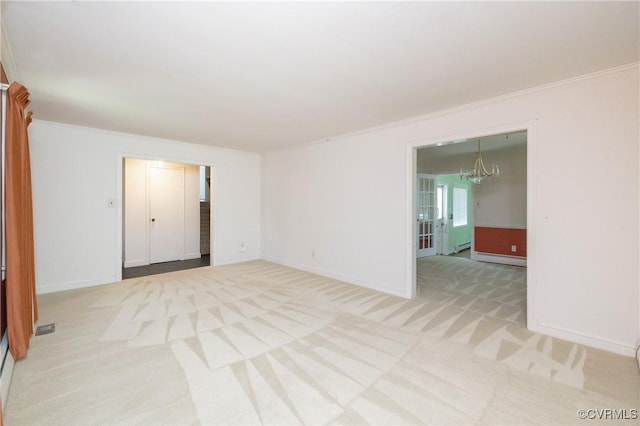 9201 Claymont Dr, Henrico, VA 23229 - unfurnished room with a chandelier, light colored carpet, crown molding, and a baseboard radiator