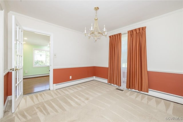 9201 Claymont Dr, Henrico, VA 23229 - empty room featuring baseboard heating, a chandelier, a baseboard heating unit, ornamental molding, and carpet flooring