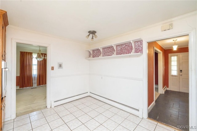 9201 Claymont Dr, Henrico, VA 23229 - empty room with a baseboard heating unit, crown molding, and a chandelier