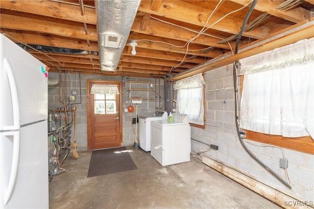 9201 Claymont Dr, Henrico, VA 23229 - basement with freestanding refrigerator, independent washer and dryer, and concrete block wall