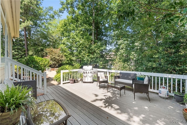 3105 Sapling Dr, Toano, VA 23168 - wooden terrace with an outdoor living space and area for grilling