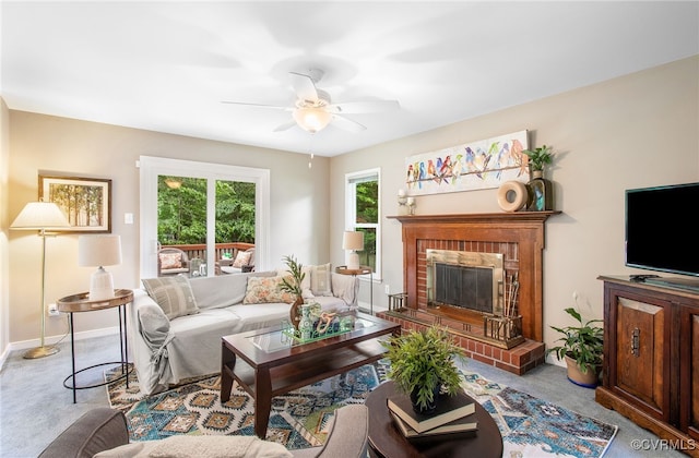 9154 Jump Cir, Mechanicsville, VA 23116 - living room with carpet, ceiling fan, and a brick fireplace