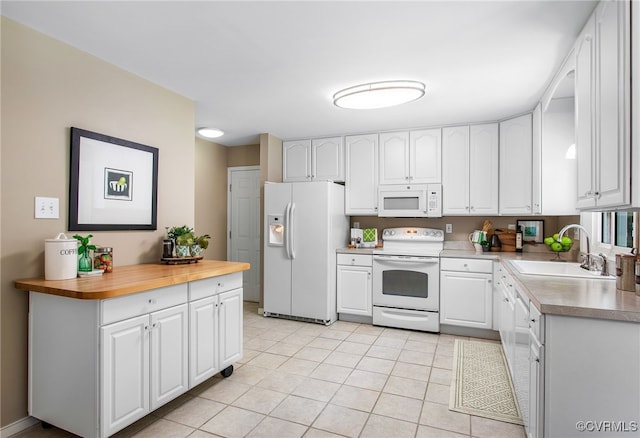 9154 Jump Cir, Mechanicsville, VA 23116 - kitchen featuring white appliances, light tile patterned flooring, white cabinetry, and wood counters
