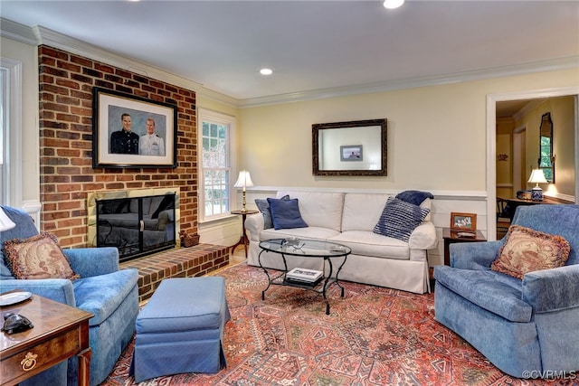 305 E Tazewells Way, Williamsburg, VA 23185 - living room with ornamental molding, a fireplace, a wainscoted wall, and recessed lighting