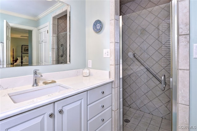 305 E Tazewells Way, Williamsburg, VA 23185 - full bathroom with vanity, crown molding, and a shower stall