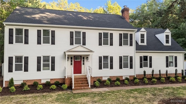 2941 Ellesmere Dr, Midlothian, VA 23113 - colonial house featuring a chimney, roof with shingles, crawl space, and a front lawn