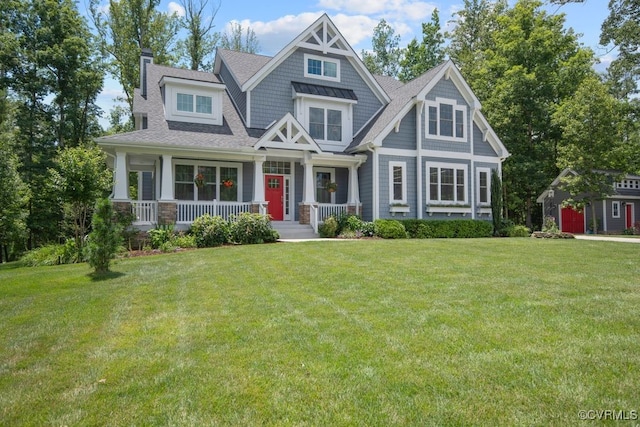 8300 Mckibben Dr, Chesterfield, VA 23838 - craftsman inspired home featuring a porch, a front yard, a chimney, roof with shingles, and an outbuilding
