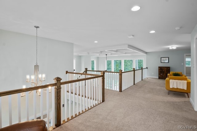 8300 Mckibben Dr, Chesterfield, VA 23838 - corridor featuring a chandelier, recessed lighting, carpet flooring, an upstairs landing, and healthy amount of natural light