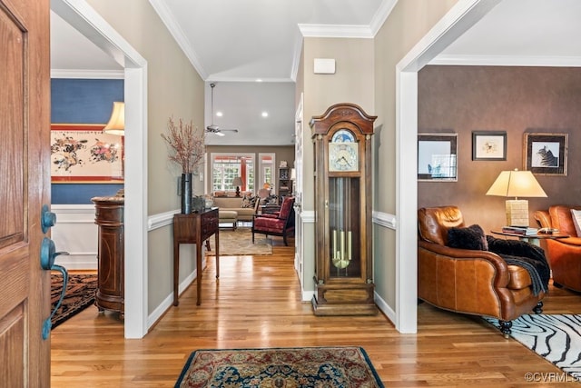 405 Elm Creek Dr, Manakin Sabot, VA 23103 - entryway featuring light wood-style floors, crown molding, a wainscoted wall, and ceiling fan
