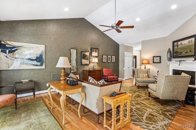405 Elm Creek Dr, Manakin Sabot, VA 23103 - living area with wood finished floors, lofted ceiling, ceiling fan, an accent wall, and recessed lighting