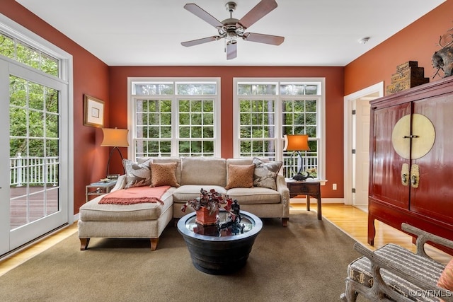 405 Elm Creek Dr, Manakin Sabot, VA 23103 - living room with a ceiling fan and light wood-style floors