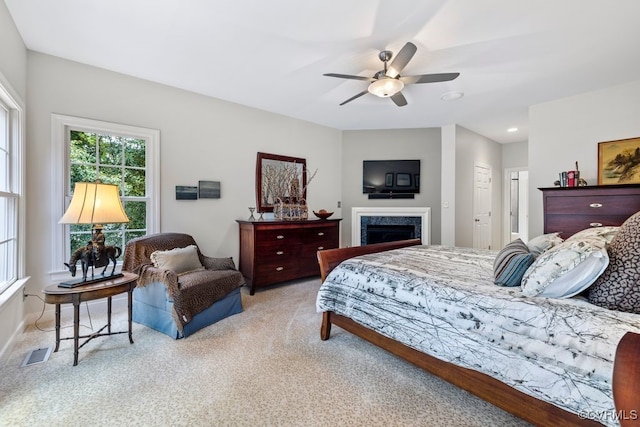405 Elm Creek Dr, Manakin Sabot, VA 23103 - bedroom with carpet flooring, a fireplace, recessed lighting, and ceiling fan